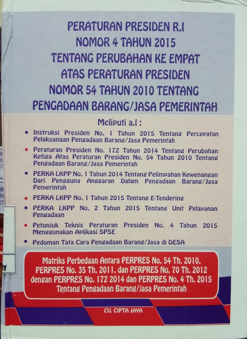 Gambar Peraturan Presiden RI Nomor 4 Tahun 2015 tentang Perubahan Keempat atas Peraturan Presiden Nomor 54 Tahun 2010 tentang Pengadaan Barang/Jasa Pemerintah