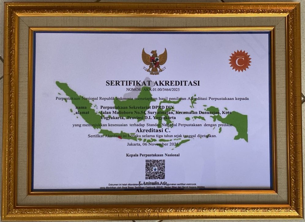 Perpustakaan Sekretariat DPRD DIY Raih Akreditasi C dari Perpusnas RI